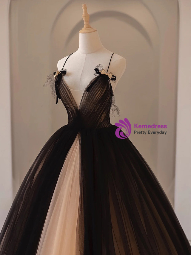A-Line/Princess Spaghetti Straps Tulle Prom Dresses Sequins Lace Sleeveless Floor-Length Floral Formal Dresses