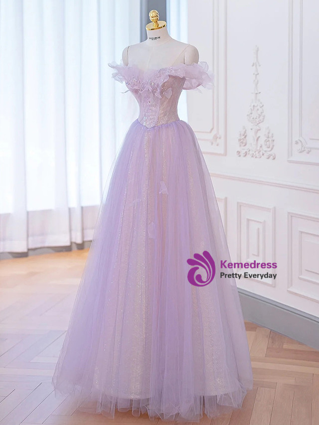 Purple Tulle Sequins Pearls Off the Shoulder Prom Dress main image 0