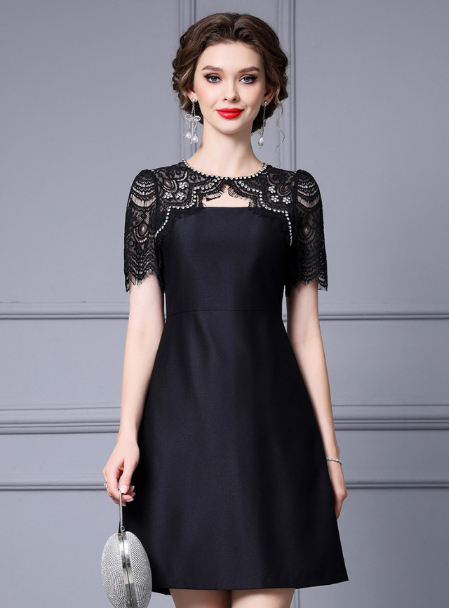 Lace Applique Short Sleeve Midi Mother of the Bride Dresses Satin Wedding Guest Gown with Pocket main image 1