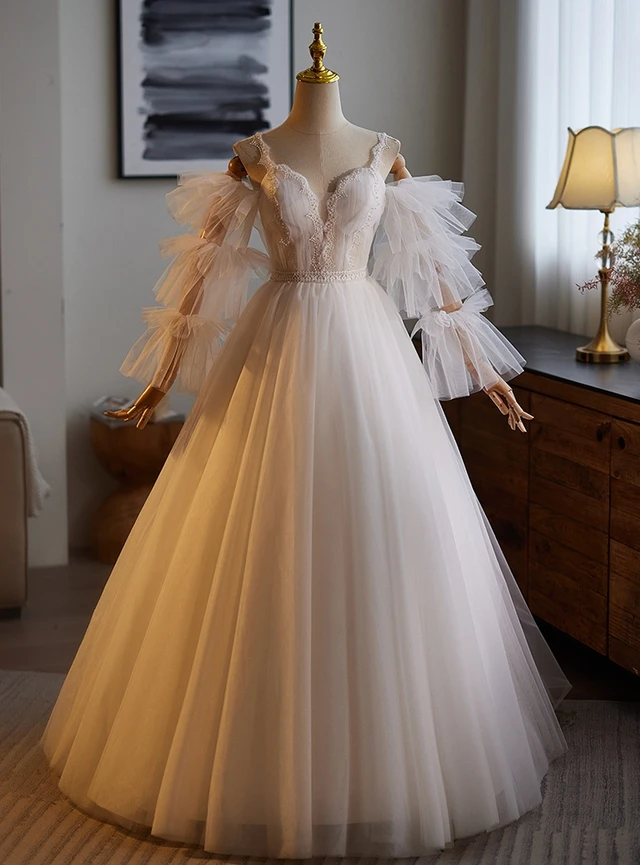 Elegant Strapless White Tulle Lace Appliques Long Wedding Dress Bridal Dress SP1139 main image 0