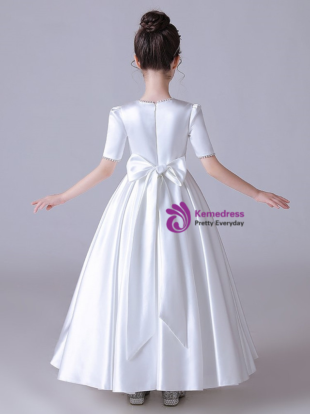 Round Neck White Flower Girl Dress with Pearls main image 0