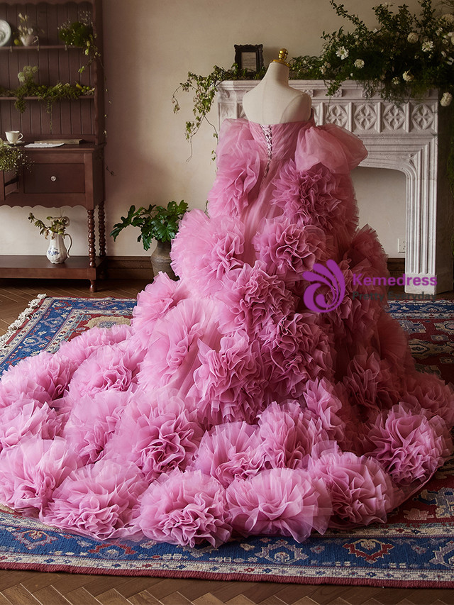 Light Pink Half Sleeves Tulle Sequins Quinceanera Dress Ball Gown, DP2677