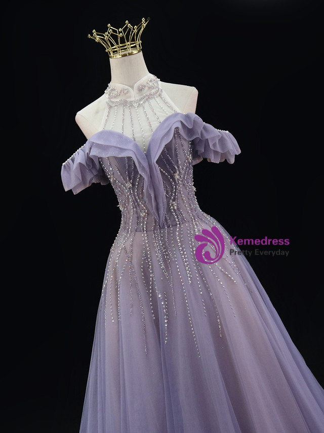 A Line Dark Blue Tulle Prom Dress with Pleats LBQ1154