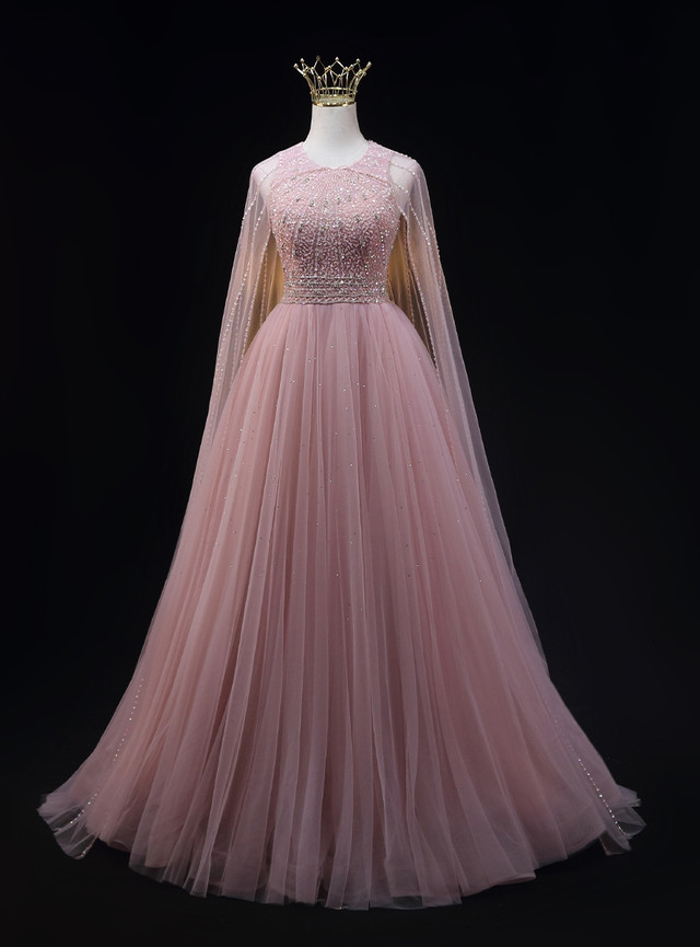 Pink Ball Gown Deep V Neck Sleeveless Applique Tulle Prom Dress LBQ1890