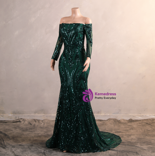 Elegant Green Off The Shoulder Satin Sequins Prom Dress Long Slit Mermaid Evening Dress Y8527 main image 0