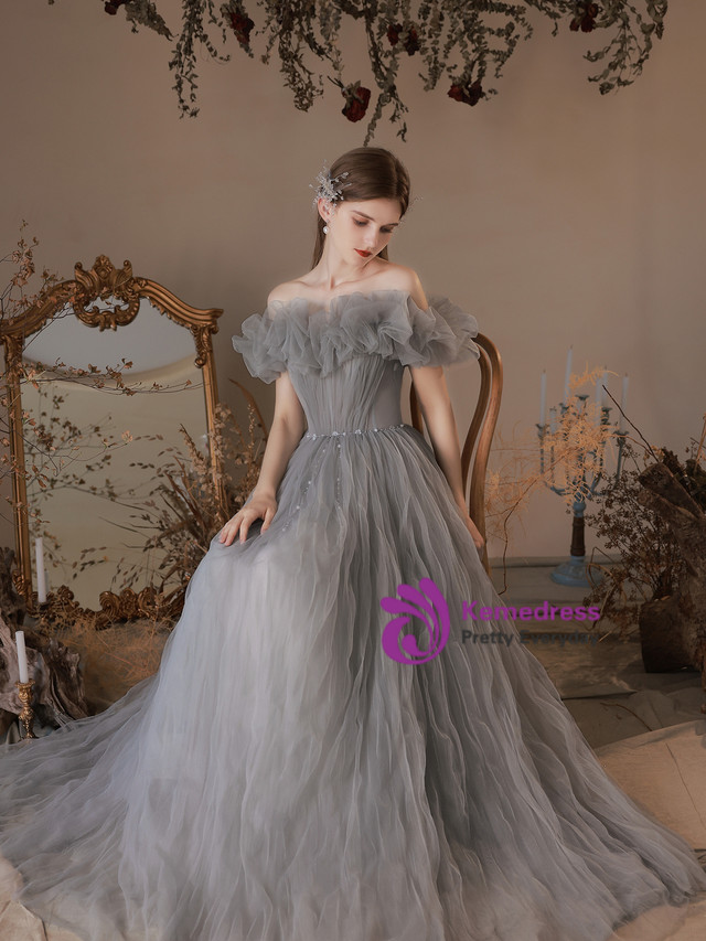Gray Off The Shoulder Tulle Appliques Slit Prom Dress S23034