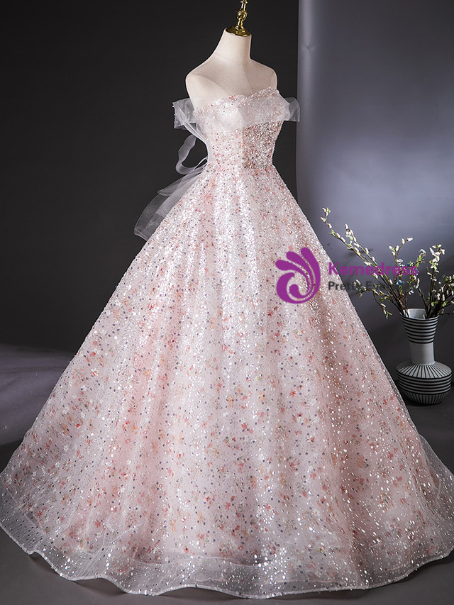 Square Neck Spaghetti Straps Sleeveless Appliques Beaded Pink Quinceanera Dress for Sweet 16 WQ1257