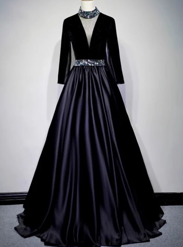 Unique Black Velvet Prom Dress with Glitter Bottom
