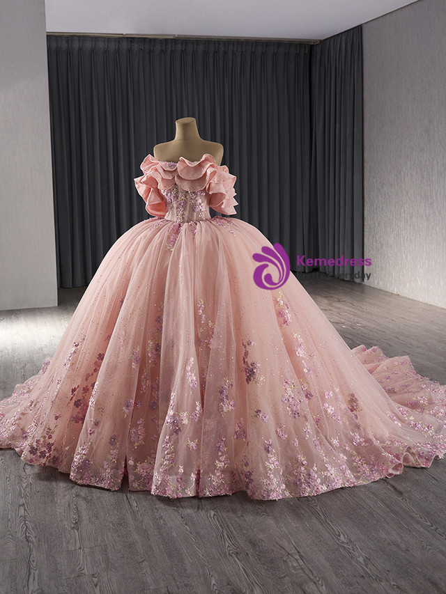 Classy Off The Shoulder Tulle 3D Flowers Ball Gown,Pink A Line Prom Dress Y8364 main image 0