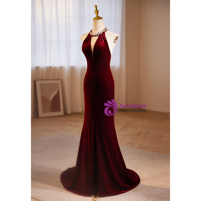 14107 Burgundy Cutout Back Velvet Dress