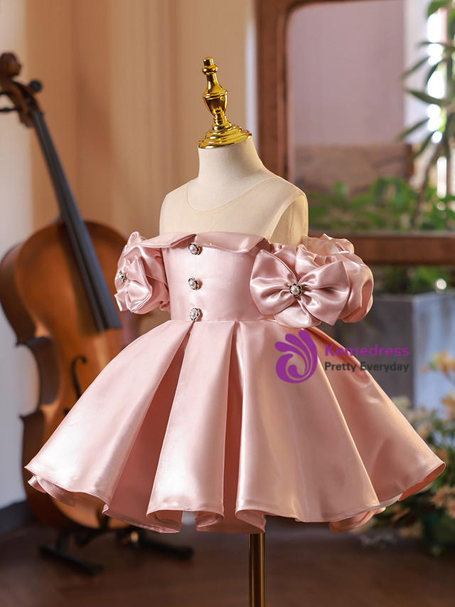 Lace Cap Sleeve Satin Long Flower Girl Dress with Bow Blushing Pink