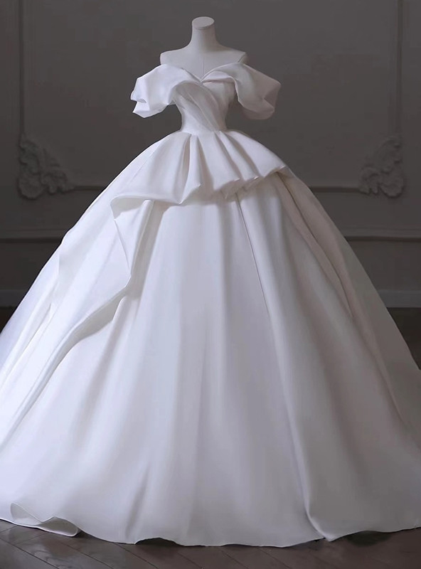 Vintage High Low Off The Shoulder White Satin Wedding Dresses