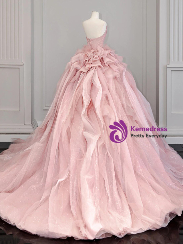 Cap Sleeves Ball-Gown Lace Bowknot Pink  Tulle Wedding Dresses WD074 main image 0