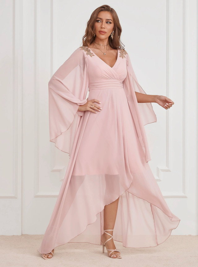 Sheath Pink Chiffon V Neck Pleats Bridesmaid Dresses LBQB0073 main image 1