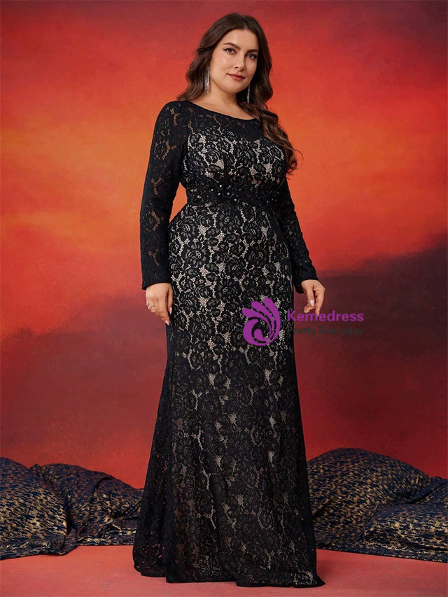 Trendy Black Plus Size Long Sleeve V-neck Lace Mermaid Prom Gown JTE763 main image 1