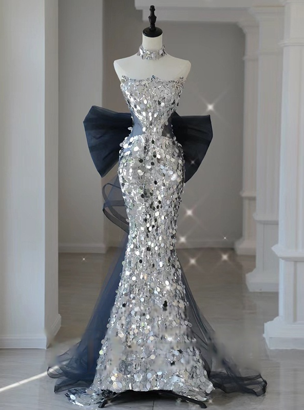 Sleeveless Sequins Mermaid Silver Halter Prom Dress LBQ1428 main image 1