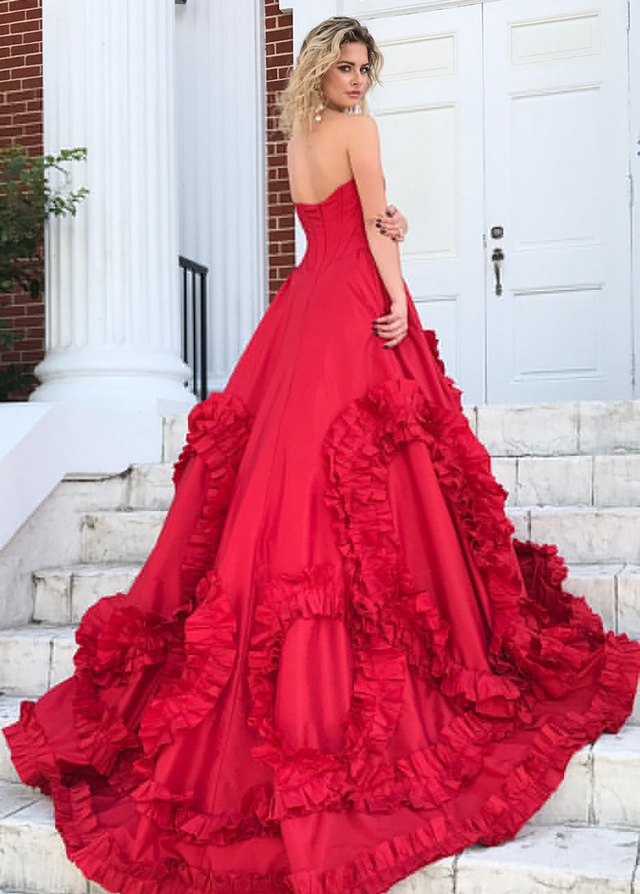 Sweetheart Bodice Corset Ruffles Red Prom Dresses Ball Gowns 7020