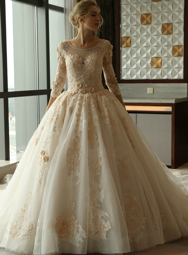 Luxurious Long Trailing Flower Ball Gown Champagne Tulle Wedding Dress