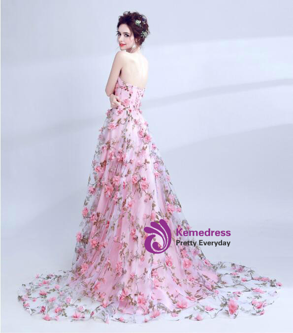 A Line Strapless Tulle Appliques Prom Dress LBQ4216 main image 1
