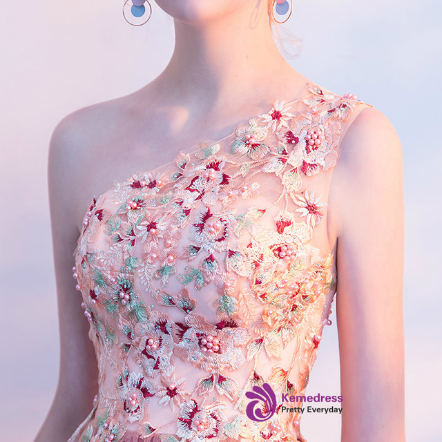 Purple Tulle One Shoulder Appliques Prom Dress