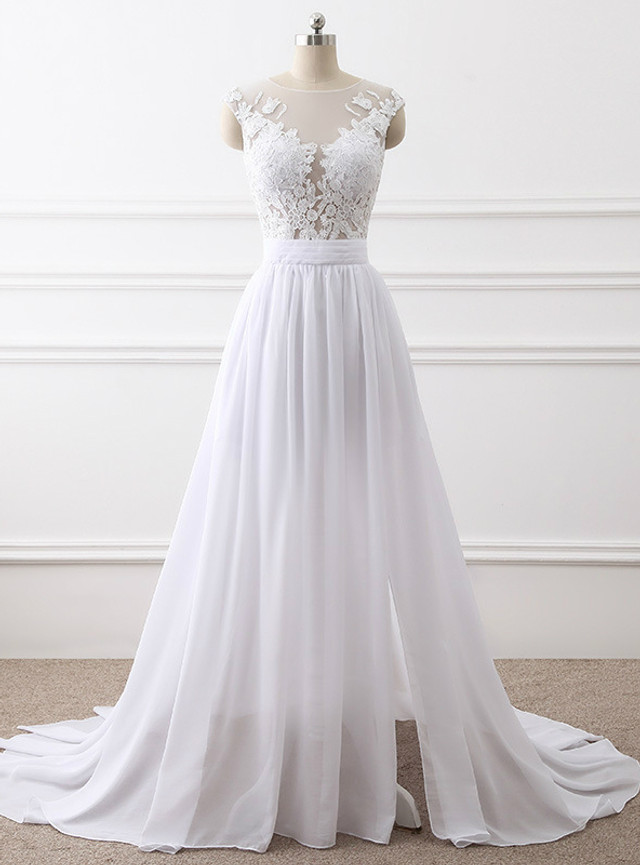 In Stock:Ship in 48 hours Simple Beach Chiffon Lace Wedding Dress