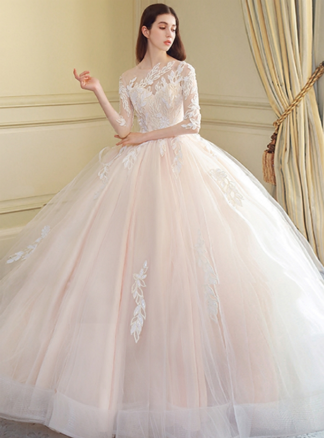 Ball Gown Long Sleeve Tulle Appliques Long Train Wedding Dress