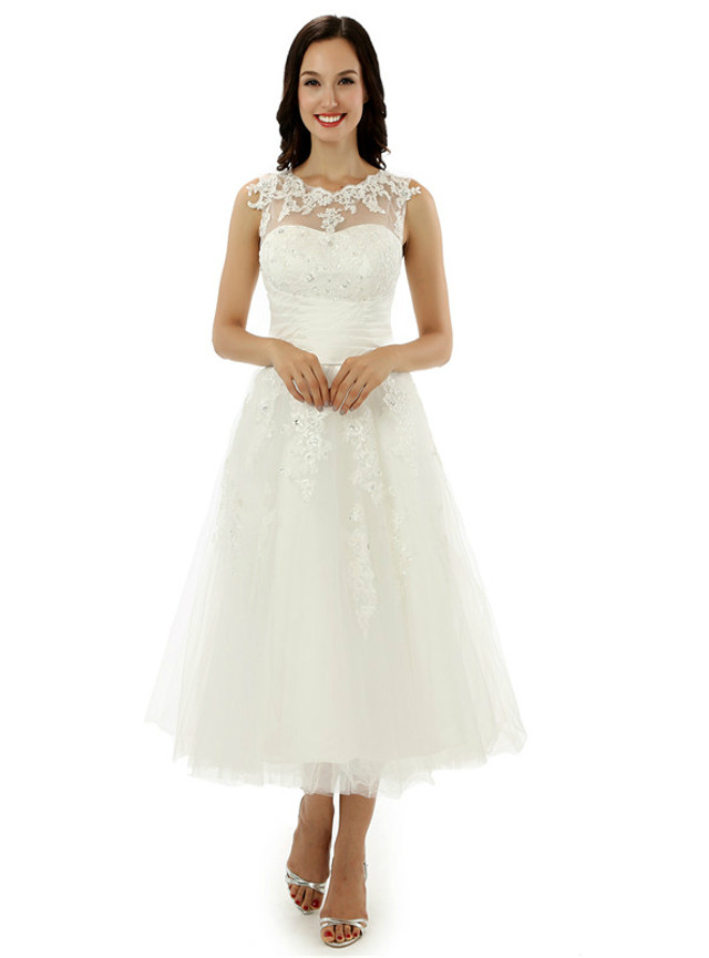 White Tea Length Tulle Appliques Backless Wedding Dress