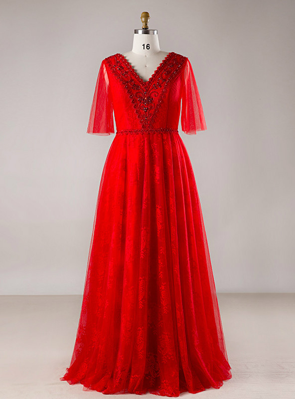 Lace Top and Tulle Skirt Full Length Dress Red Plus Size