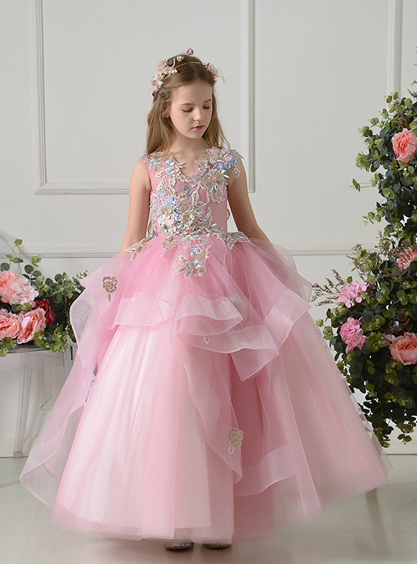 Lace Applique Sleeveless Tulle Flower Girl Ball Gown Pool