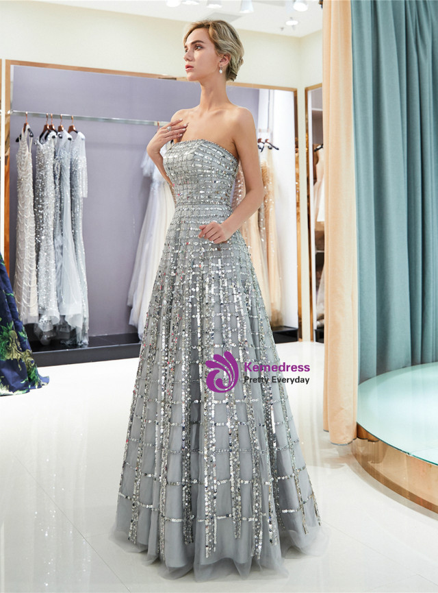 Lace and Tulle Long Strapless Dresses Silver