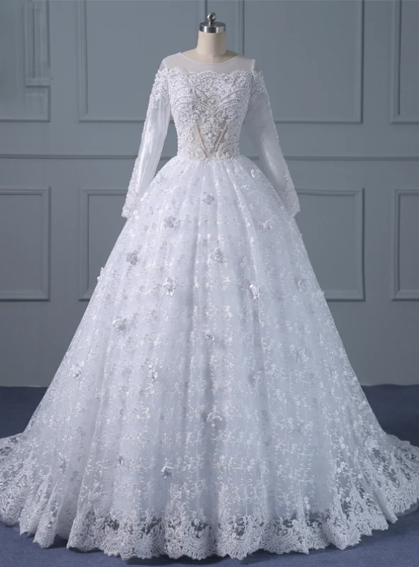 White Ball Gown Lace High Neck Long Sleeve Appliques Beading Wedding ...
