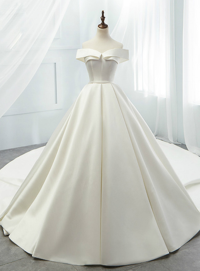 White Ball Gown Satin Off The Shoulder Wedding Dress With Long Train