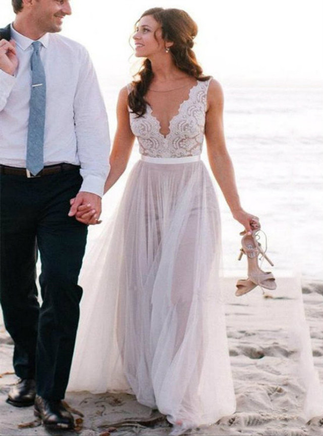 Lace Appliqued V-neck See-through Beach Wedding Dresses