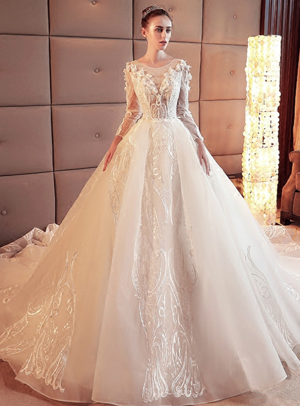 White Ball Gown Tulle Lace Appliques Long Sleeve Wedding Dress With Long Train