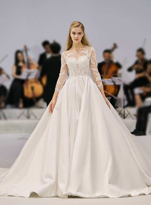 White Lace Satin Long Wedding Dress, Lace Satin Long Bridal Gown