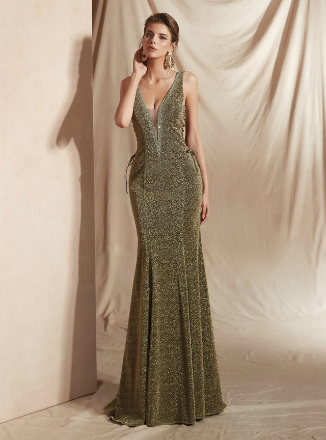 Green Mermaid Deep V-neck Backless Lace Up Prom Dress