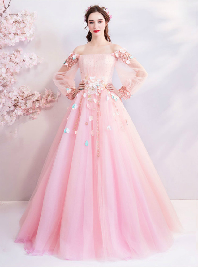 In Stock:Ship in 48 Hours Pink Tulle Puff Sleeve Appliques Quinceanera Dresses