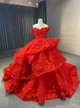 Ball Gown Red Off the Shoulder Tulle Appliques Prom Dresses LBQ3917 main image 1