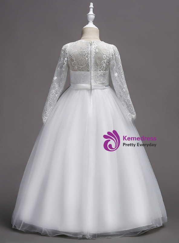 Wavlynn Long White Asymmetric Tulle Dress for Girls with Floral Embroidery and Flared Sleeves
