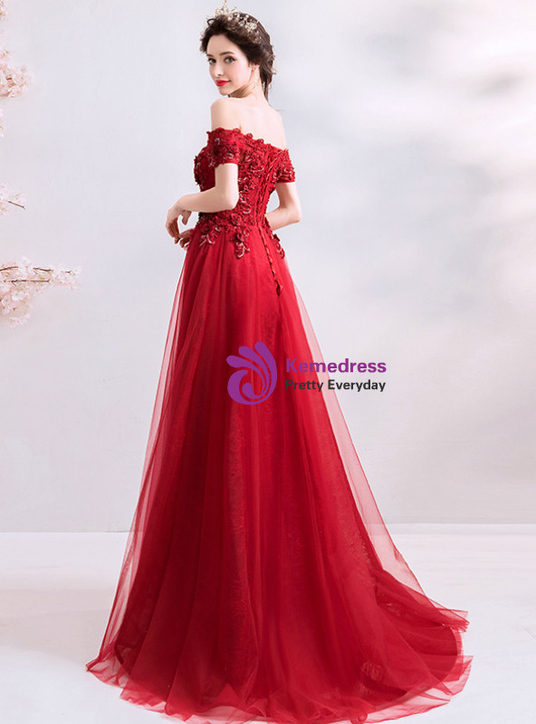 Off the Shoulder Tulle Prom Dresses with Appliques LBQ1094