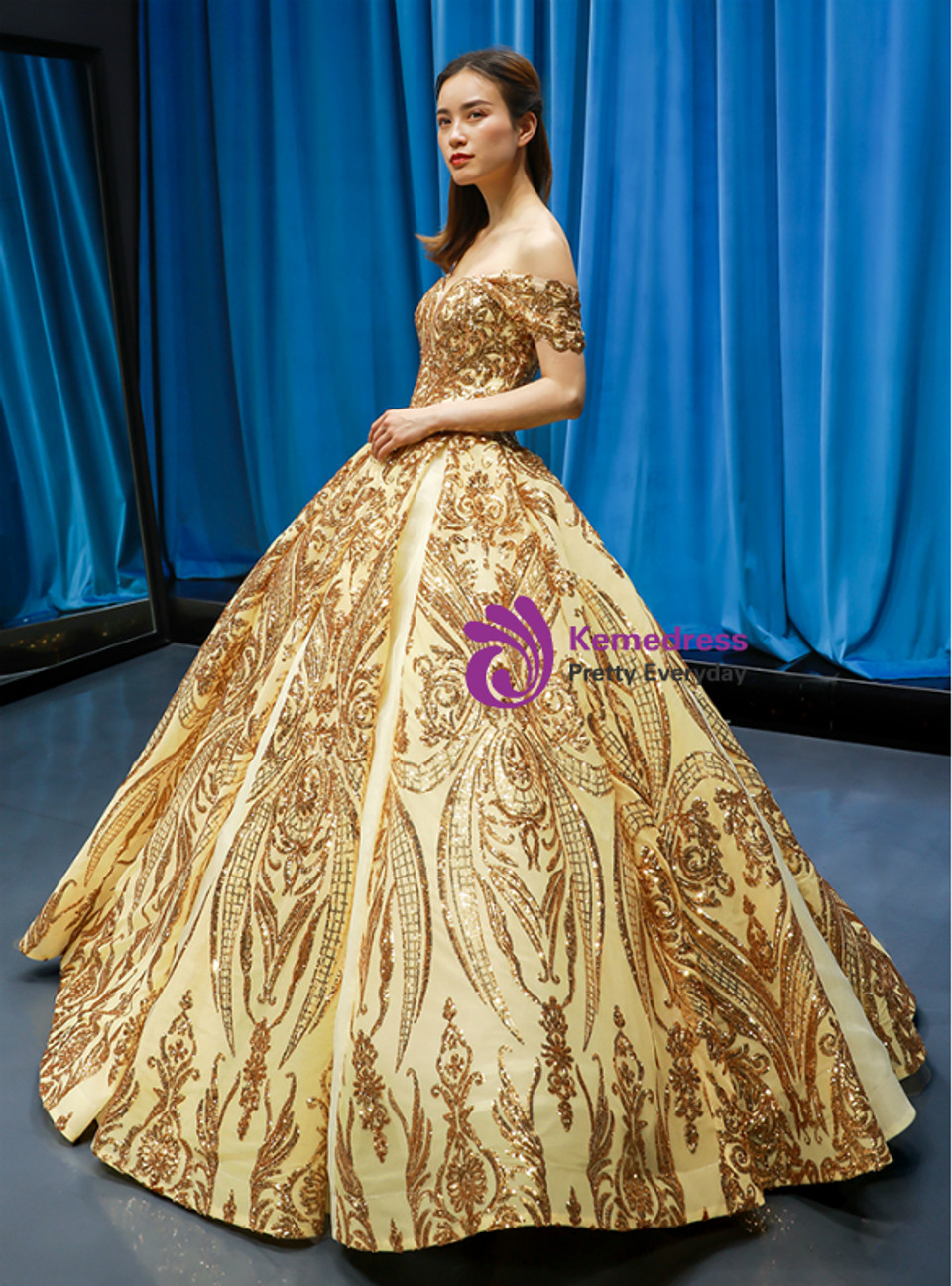 Gold Ball Gown Sequins Off the Shoulder Quinceanera Dresses
