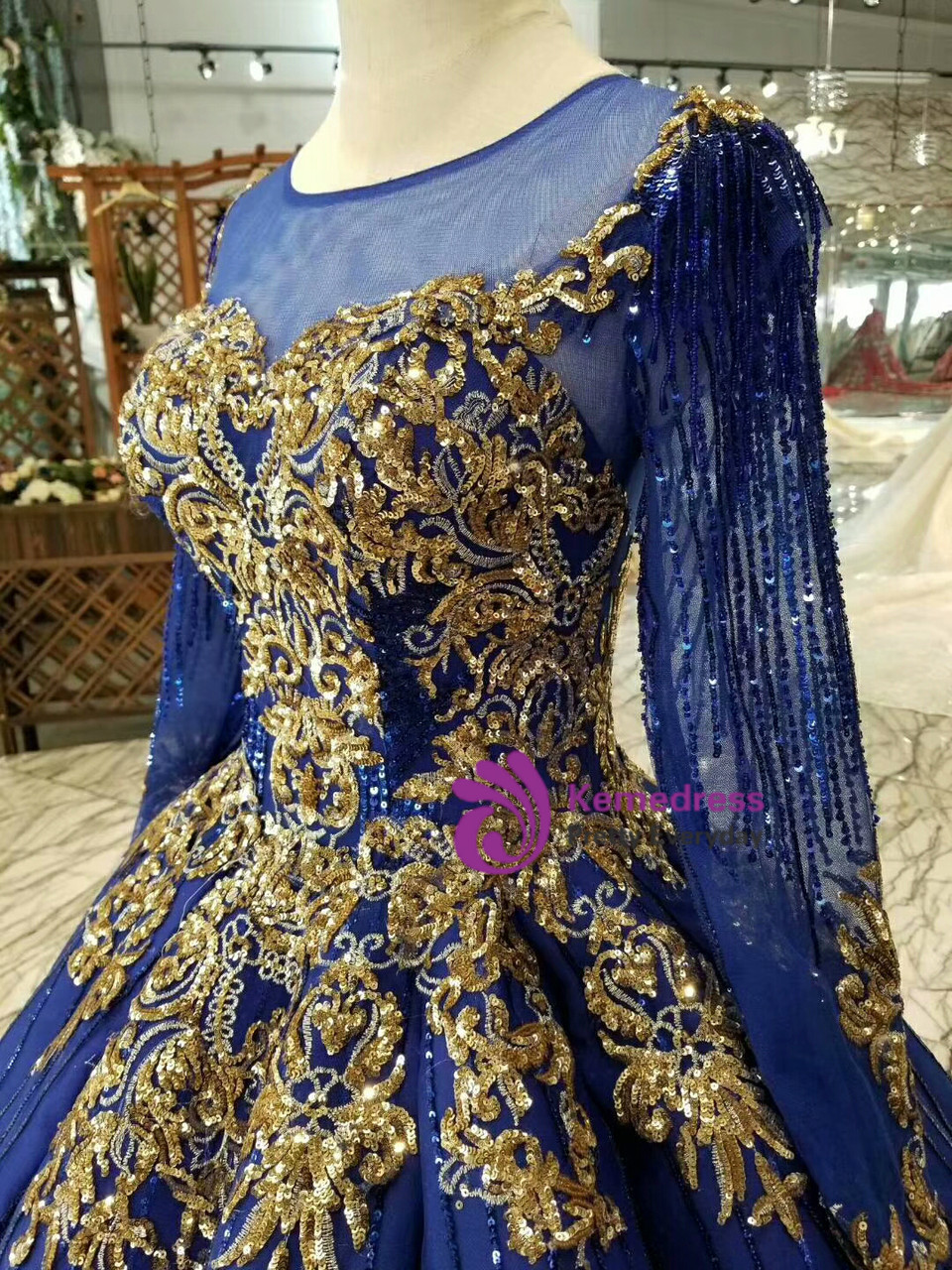 Plunging V-Neck Sequin Applique Bodice Ball Gown Royal Blue