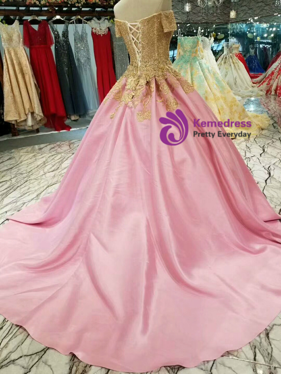 Pink Satin Off the Shoulder Appliques Luxury Wedding Dress With Beading