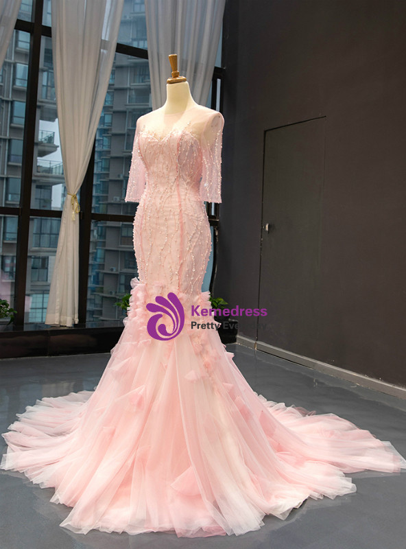 Pretty Strapless Pink Chiffon Sequin Beaded Mermaid Long Party Dress Birthday Prom Gown SP583