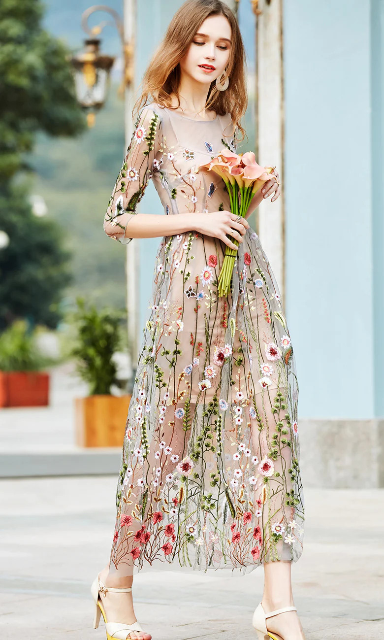 Bohemian folk dress,embroidered maxi dress,short sleeve dress main image 0