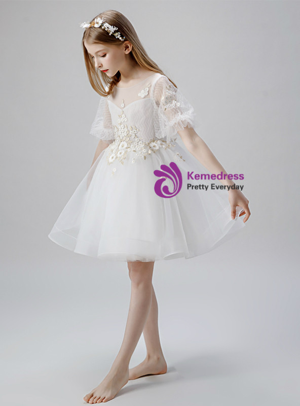 Tiered Tulle Floral Applique Long Flower Girl Dress White