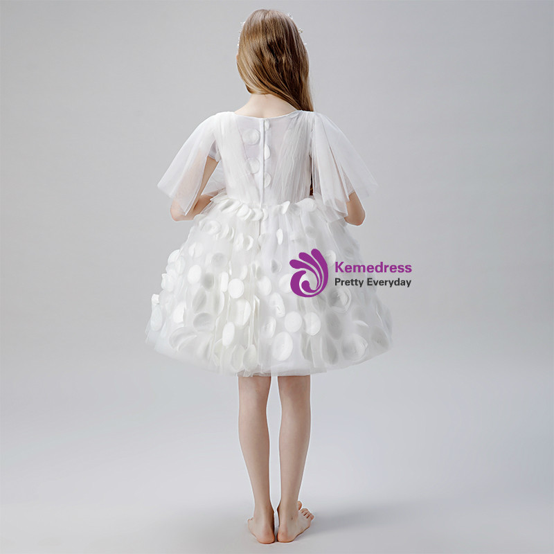 White Tulle A Line Flower Girl Dress with Puff Sleeves