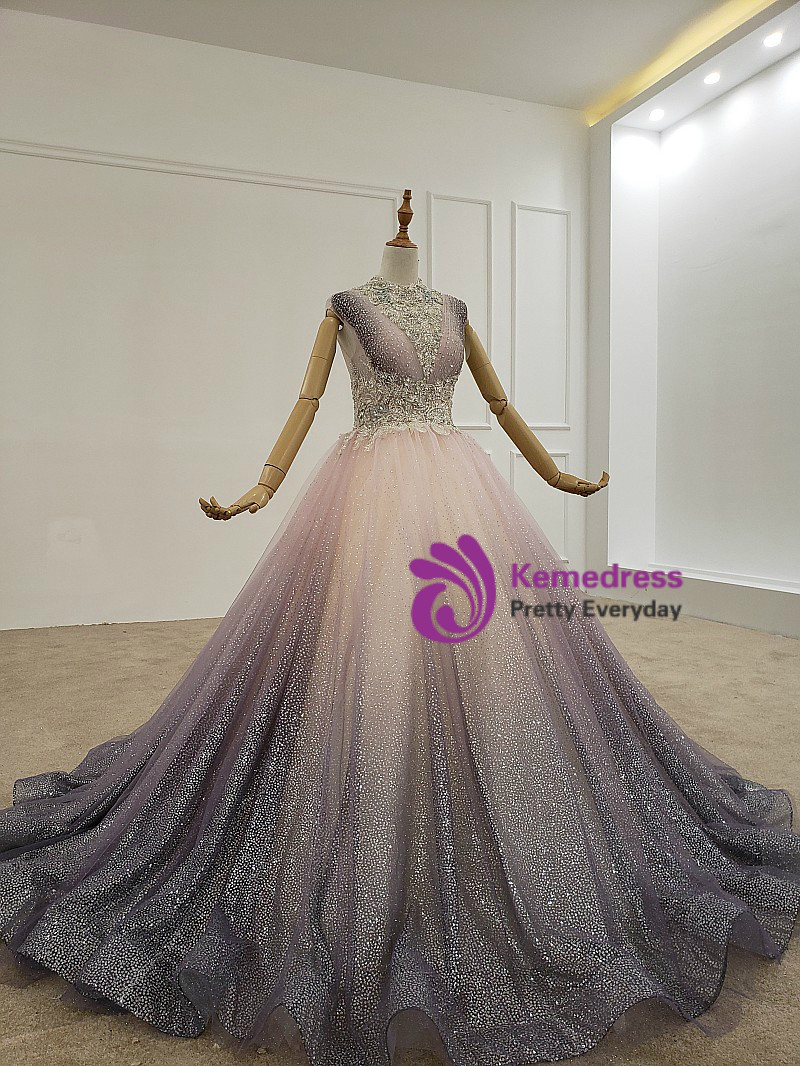 Light Purple Ball Gown Tulle Sequins Pleats Wedding Dress With Beading ...