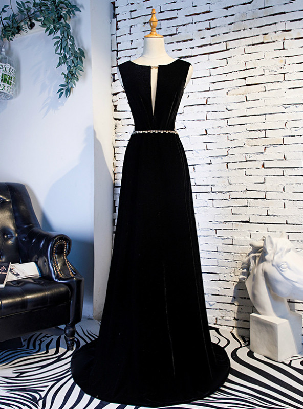 Navy Blue Sweep Train Strapless Long Slit Beaded Prom Dress main image 1