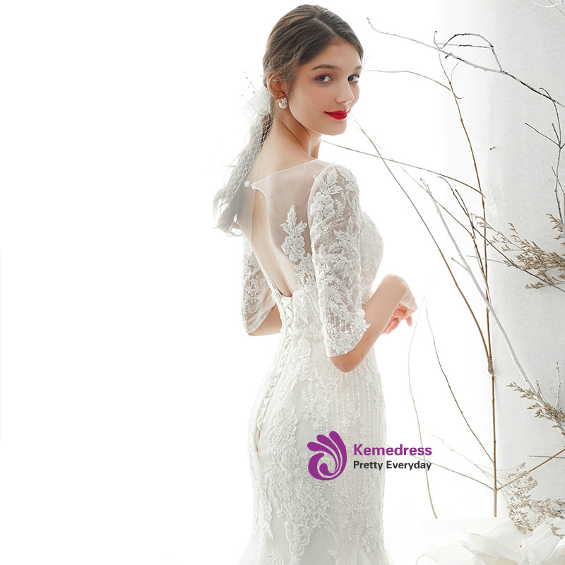 Cap Sleeve White Lace Appliques Mermaid Tulle Wedding Dress main image 1
